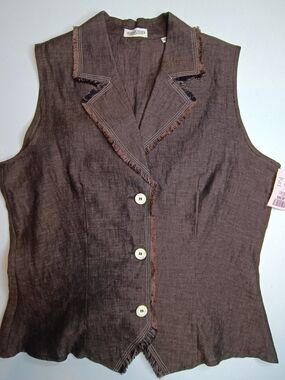 Seiden Sticker Linen Flax Brown Fringe Hem Waistcoat Vest NWT EU Size 42 US 12